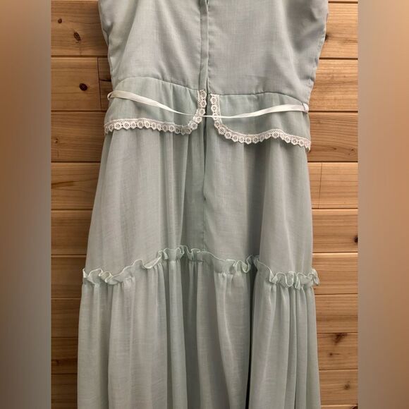 Vintage Size Small Baby Blue Lace Tiered Tie Strap Coquette Prairie Maxi Dress - Picture 11 of 14